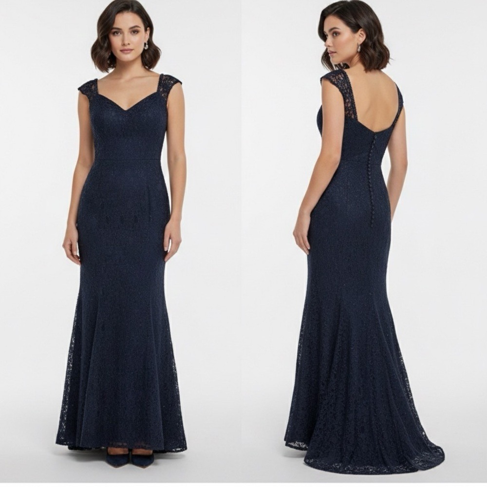 Morilee Madeline Gardner Navy Blue Beaded Lace Mermaid Evening Gown Dress 14